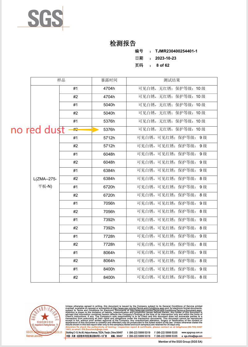 ZAM steel salt spray test 5040 hours no red rust